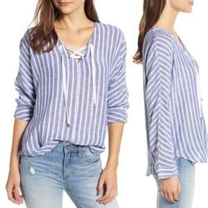Rails Lily Blouse Top Lace-Up Linen Blend Striped Size XS